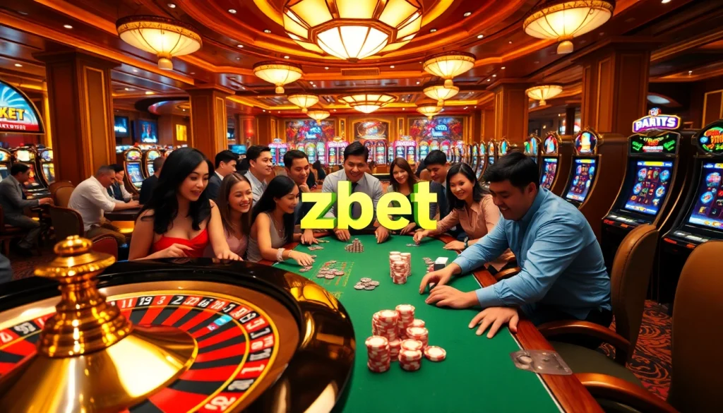 Zbet logo featured prominently amid an exciting casino scene with gamblers playing roulette and poker.