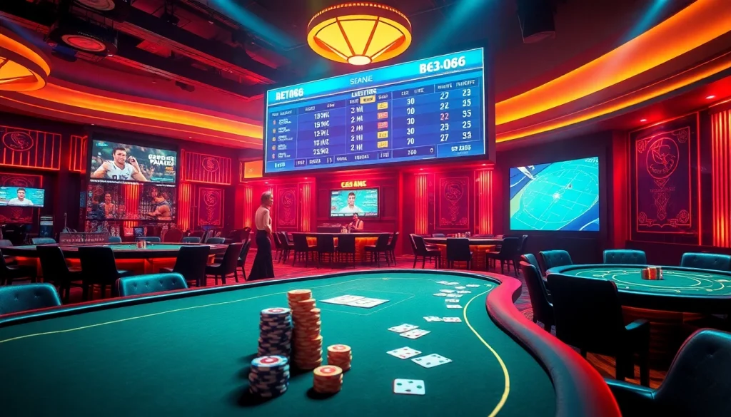 Thrilling action at Thể Thao PG88 casino with sports betting tables and poker games.