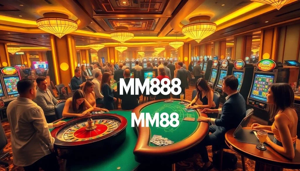 MM88 casino scene with gamblers playing poker and roulette, rich ambiance.