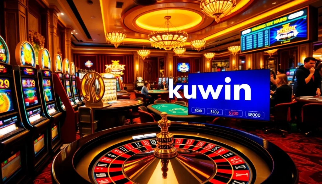 Experience the thrill of kuwin as players engage in action at the roulette table and slot machines.