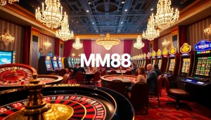 Action-packed casino scene highlighting MM88 with poker players, roulette wheel, and vibrant slot machines.