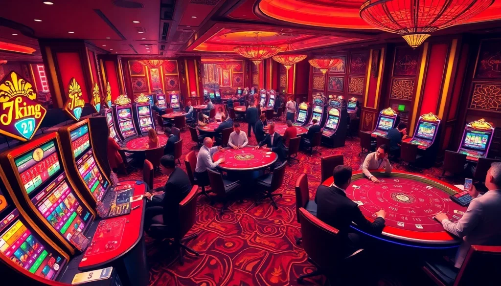 Experience the thrill of 79king as players engage in intense gambling at vibrant casino tables filled with chips and cards.