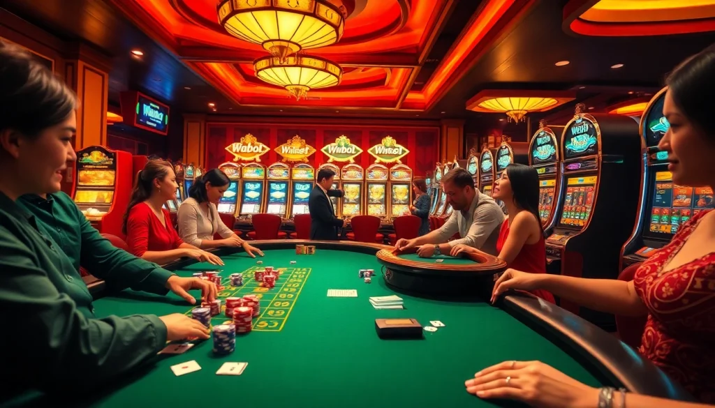 WW88 players engaging in thrilling card games at an exciting casino table with vibrant decorations.