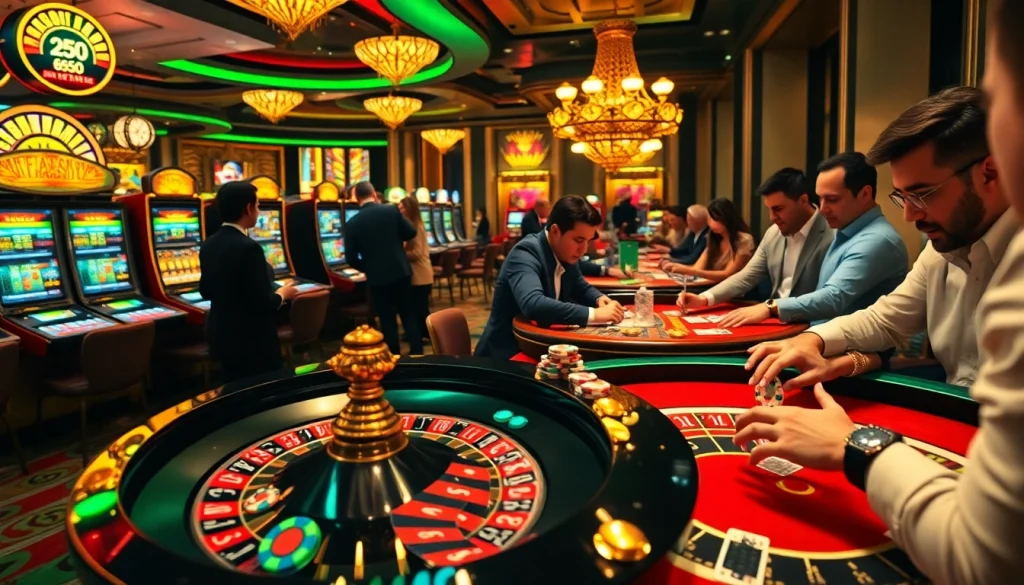 C168 gambling hub with vibrant slot machines and roulette table setting excitement in a luxurious casino.