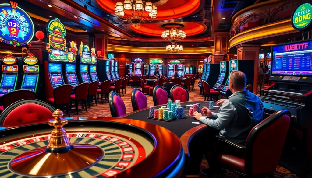Experience the thrilling atmosphere of high-stakes gambling at https://mb66th.net/, showcasing intense poker gameplay and vibrant slot machines.