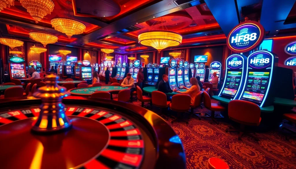 HF88 casino scene showcasing players at poker tables and a spinning roulette wheel.