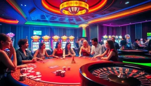Exciting casino scene featuring players at a poker table, showcasing the vibrant offerings available at go8.com.
