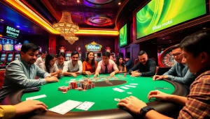 Players immersed in poker at a vibrant casino with 88aa mobi highlighted as the premier betting platform.