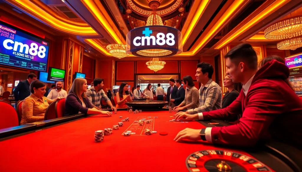 The lively casino scene demonstrates cm88 app users enjoying poker and roulette, embodying excitement in gambling.