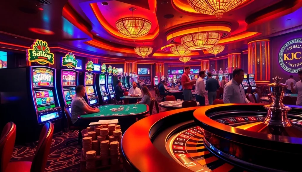 KJC Casino features vibrant slot machines and players enjoying intense games of poker in a bustling atmosphere.