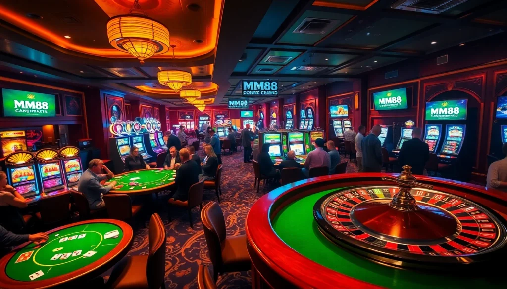 Experience the thrill of MM88 casino with vibrant slot machines, poker tables, and live betting action.