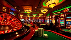 Exciting casino scene featuring players at 188V poker tables, vibrant roulette action, and colorful slot machines.