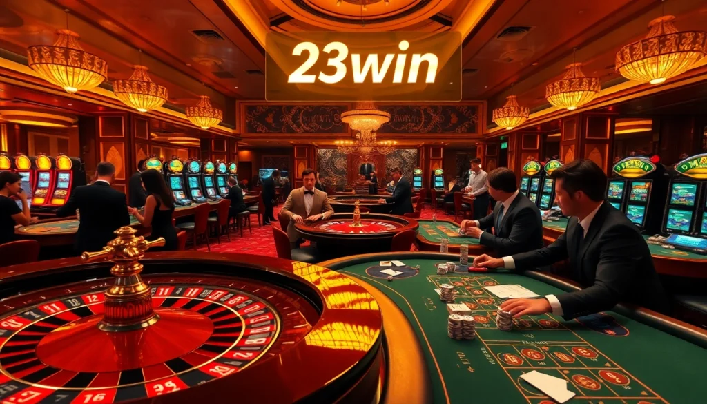 Experience thrilling gameplay at 23win with vibrant casino tables, cards, and excited players.