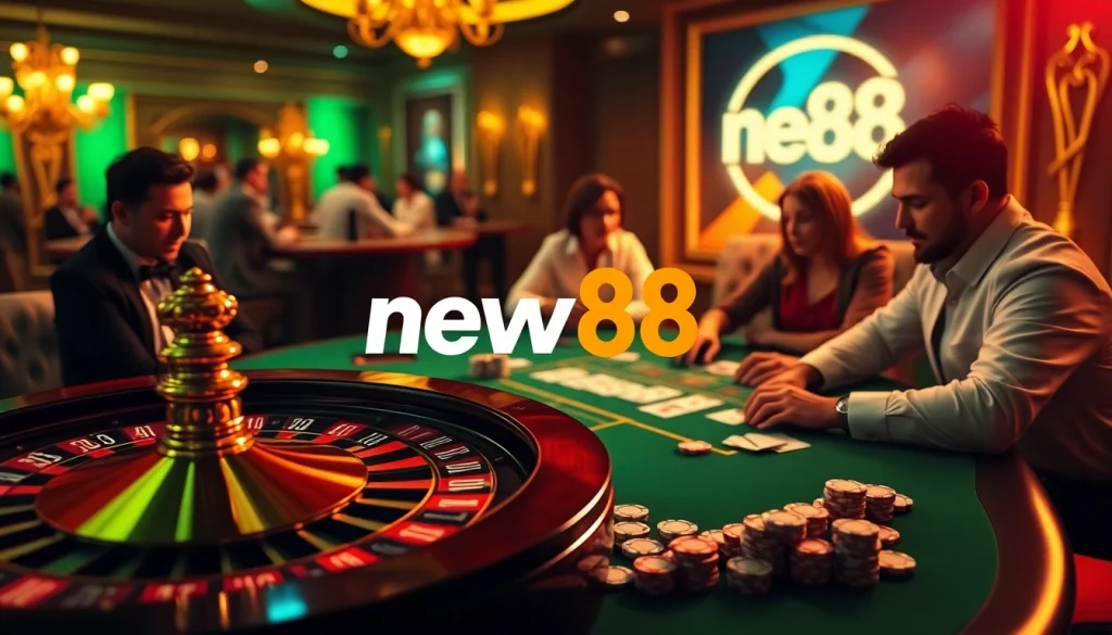Experience the thrill of new88 at an exciting poker table with colorful chips and cards.