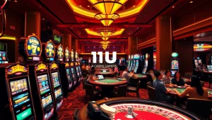 Players enjoying 11UU-themed slots and table games in a luxurious casino atmosphere, celebrating wins and excitement.