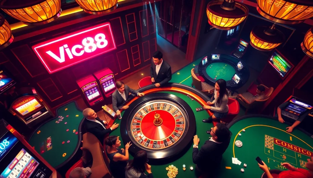Vic88 casino scene with players at roulette and slot machines