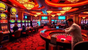 Experience the thrill of gaming at a casino where is highlighted on the electronic boards, featuring vibrant slot machines and poker tables.