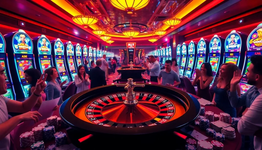 Experience the thrill of gambling at https://nohu90.surf/, featuring an exciting casino scene with roulette and vibrant slot machines.