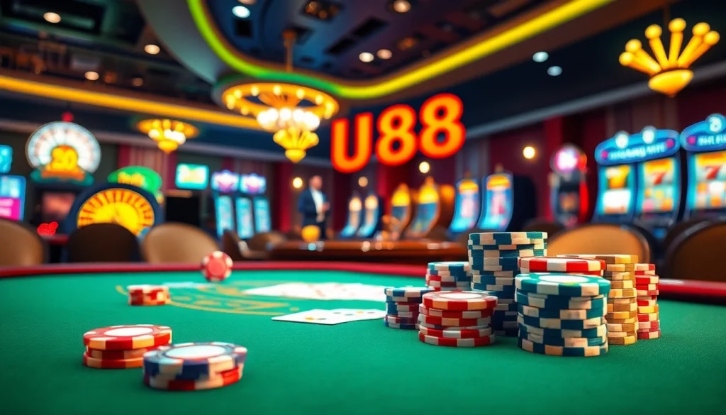 Engage with exciting casino gaming at UU88 with vibrant poker chips and tables.
