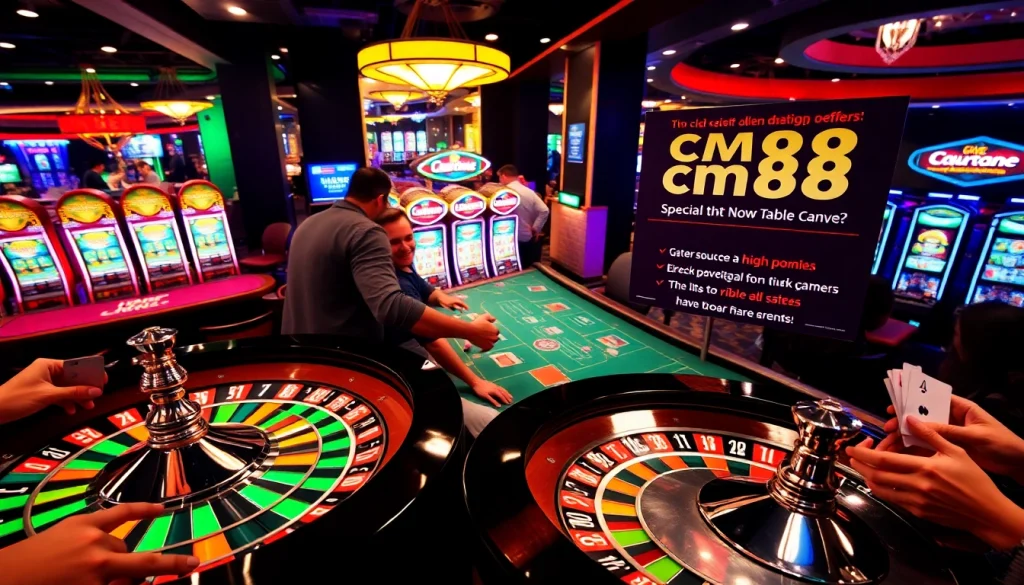 Excited gamblers revel in a casino environment at cm88, showcasing thrilling roulette action and vibrant slot machines.