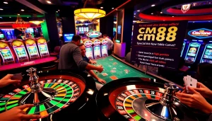 Excited gamblers revel in a casino environment at cm88, showcasing thrilling roulette action and vibrant slot machines.