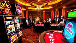 Experience the thrill of the VMAX Game in a lively casino setting with players enjoying poker and vibrant slot machines.