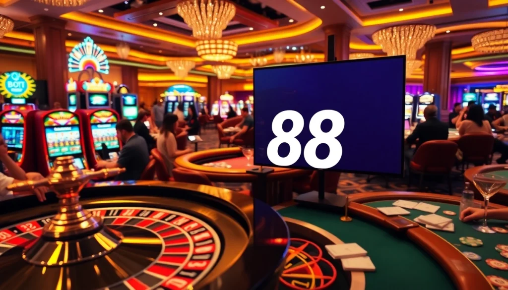 TD88 casino scene featuring players at roulette tables and vibrant slot machines, showcasing a lively gambling atmosphere.