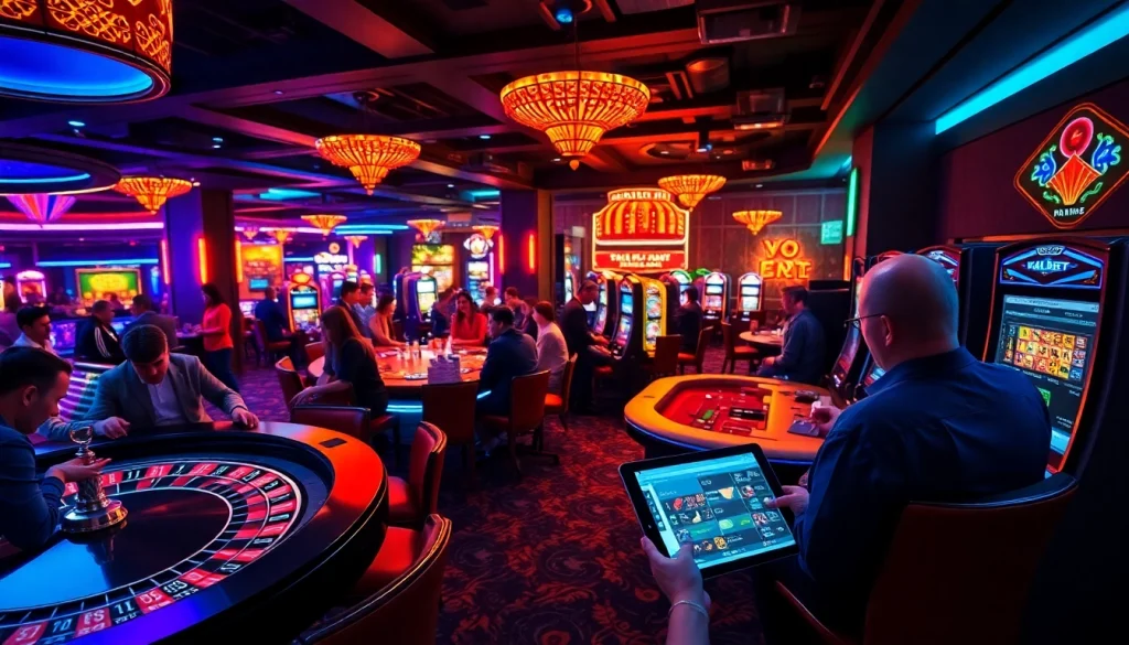 Experience the thrill of winning at https://vaobet.co.bz/ with a vibrant casino scene featuring engaged players and colorful games.