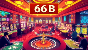 Exciting casino scene featuring players at a poker table and roulette, highlighted by the keyword 66B showcasing exclusive offers.