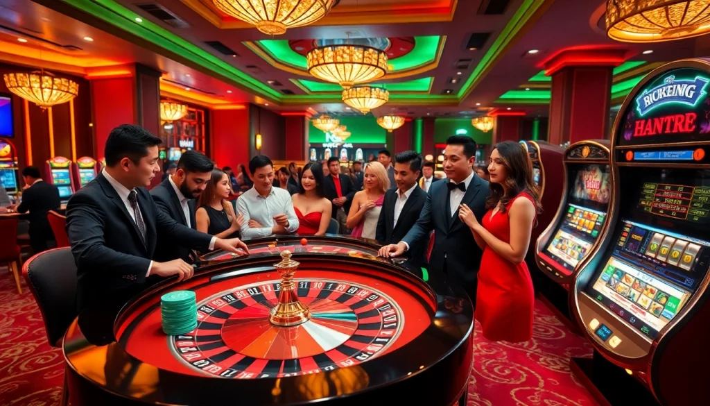 rr88 players celebrating a win at the roulette table with colorful chips and a vibrant atmosphere.