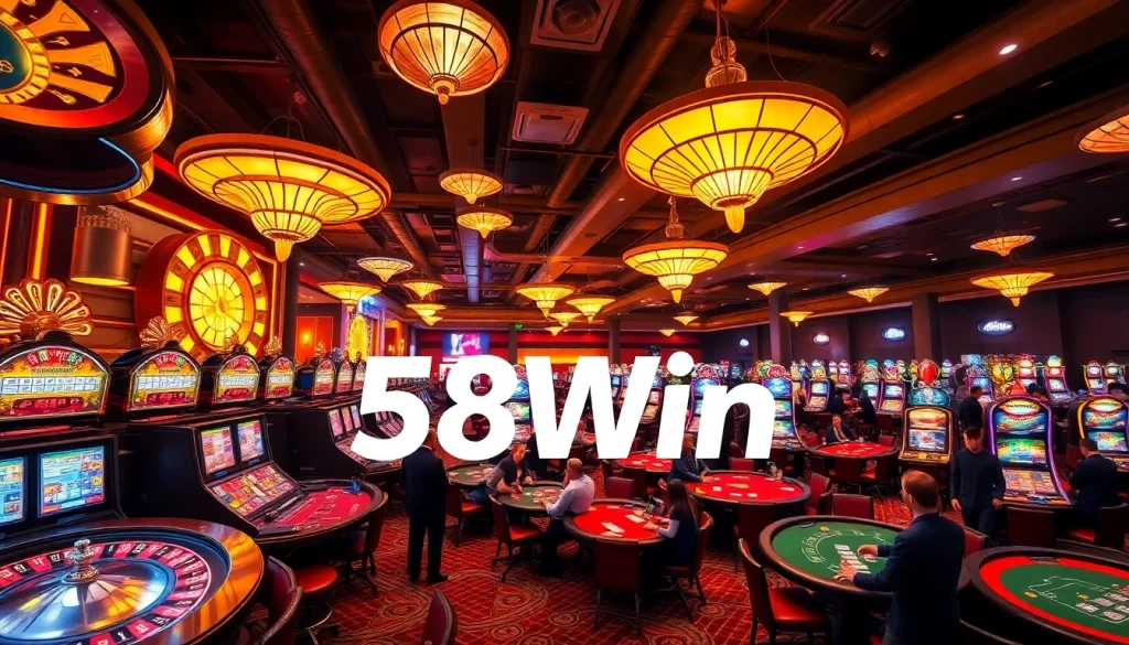 Experience the thrilling atmosphere of 58Win's vibrant casino floor filled with joyous players and shining slot machines.