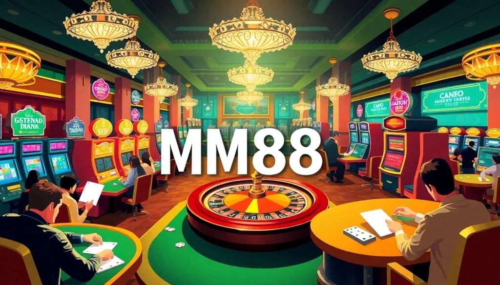 MM88 casino scene showcasing lively poker tables and slot machines, capturing thrilling gambling action.