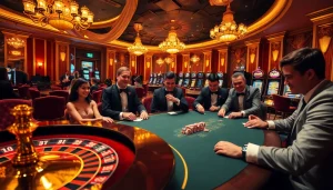A luxurious casino scene showcasing the dynamic excitement of poker players at the go8 poker table, with colorful chips and a roulette wheel in the background.