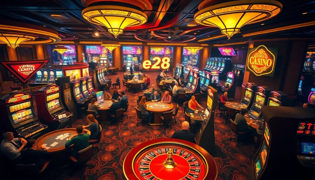 Experience the thrill of e28 at a bustling casino, showcasing players at poker tables and illuminating slot machines.