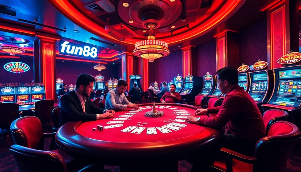fun88 offers an exciting poker setting with players, chips, and vibrant casino ambiance.