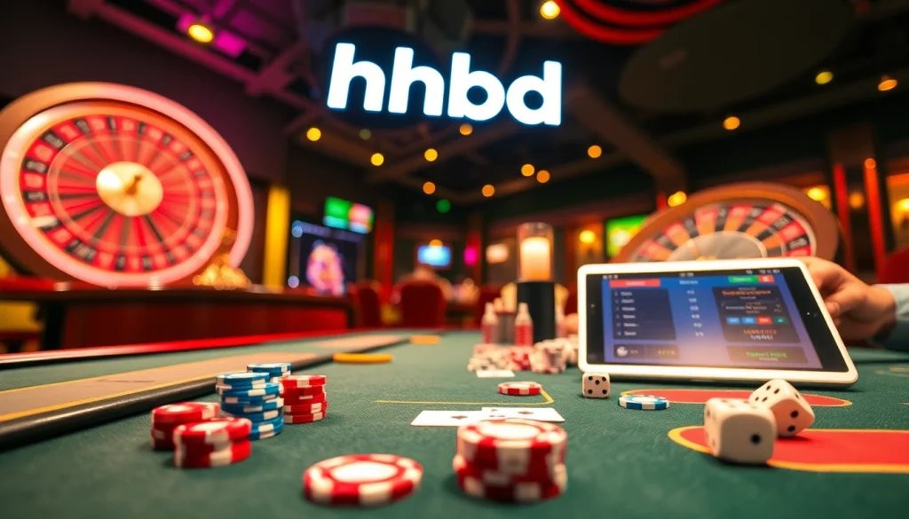 Experience hhbd in a lively casino scene with players at a vibrant poker table, surrounded by neon lights and betting excitement.