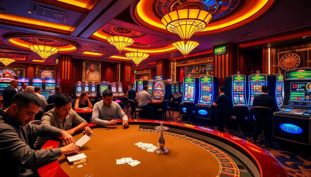 SHBET casino floor with players at tables, vibrant atmosphere, online betting interface.