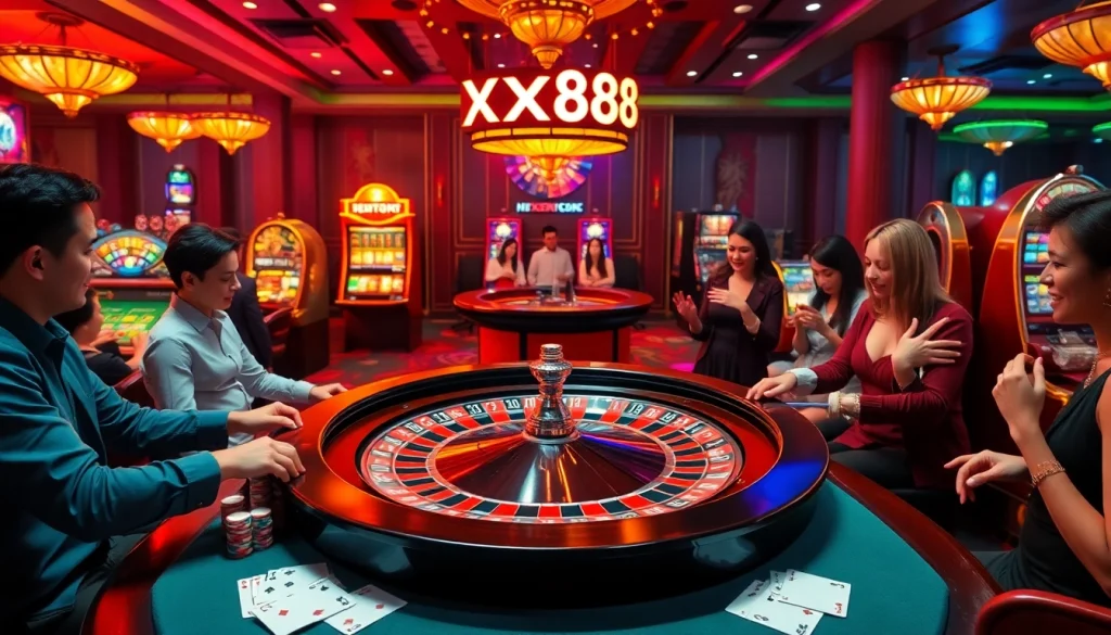 Players enjoying an exhilarating casino experience at https://xx88.xyz/, engaging with roulette tables and vibrant slot machines.
