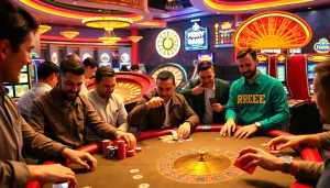 Experience the thrill of a bustling casino with a vibrant poker table as players engage, featuring the keyword RREE in the decor.