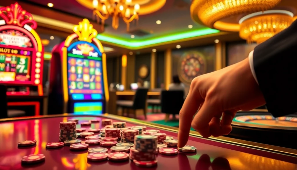 Excitement builds as a gambler places bets at s8 casino tables with vibrant slot machines and roulette wheel.