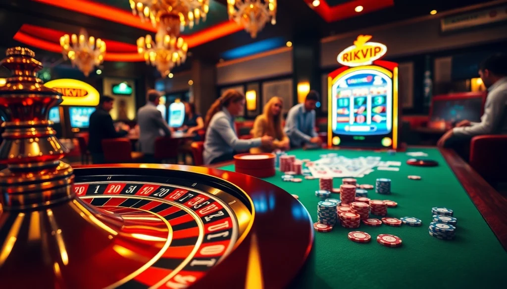 Experience the thrill of RIKVIP with vibrant casino activities including poker chips, roulette, and dynamic gameplay.