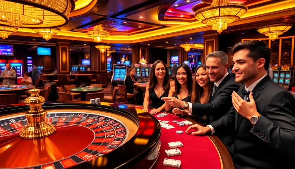 3KING casino action featuring roulette and poker players excitedly engaging with colorful chips and cards.
