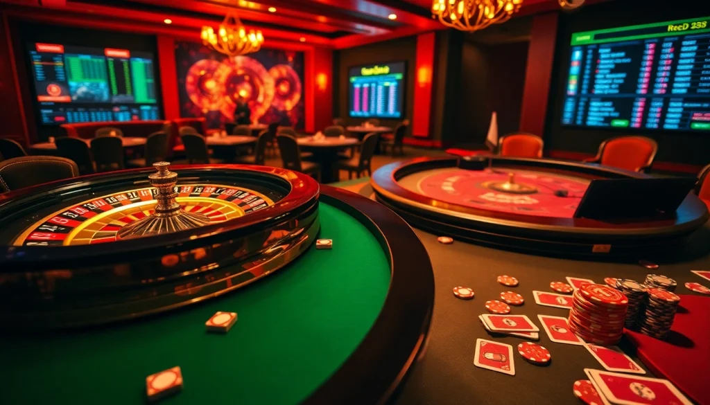 Experience high-stakes action at red88 casino with a vibrant poker table and roulette wheel setup, showcasing chips and cards.
