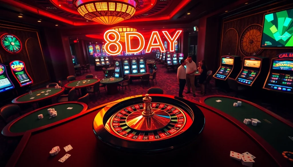Experience the thrill of 8DAY casino adventures with vibrant roulette wheels and engaging slot machines.